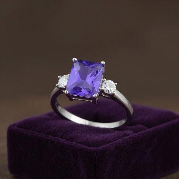 Sterling Silver Rectangular Purple Amethyst Triple CZ Ring New - Picture 1 of 6